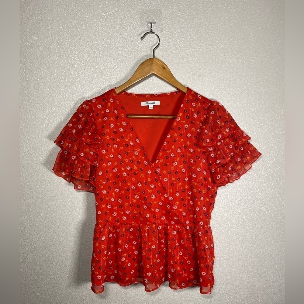 Madewell Tiered-Sleeve Peplum Top in Metallic Prairie Posies Size 2 H4 - Picture 4 of 12
